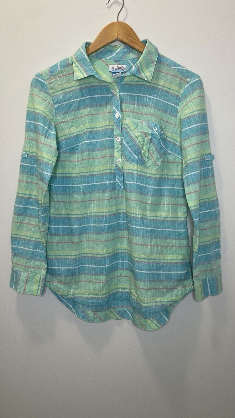 Columbia Plaid Shirt 1/4 Button Pocket Long Roll Tab Sleeves Pastel Cotton Top M